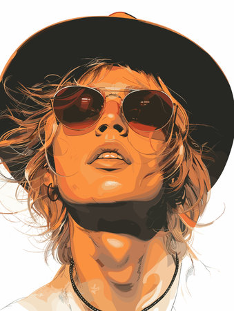 Portrait of a beautiful girl in a hat and sunglasses. Vector illustration.のイラスト素材