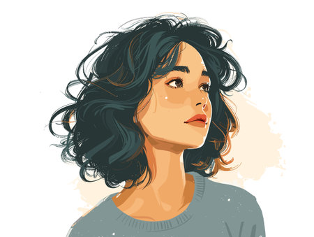 Portrait of a beautiful young woman with curly hair. Vector illustration.のイラスト素材