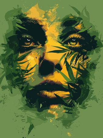 Vector illustration of a woman face with cannabis leaves on grunge backgroundのイラスト素材