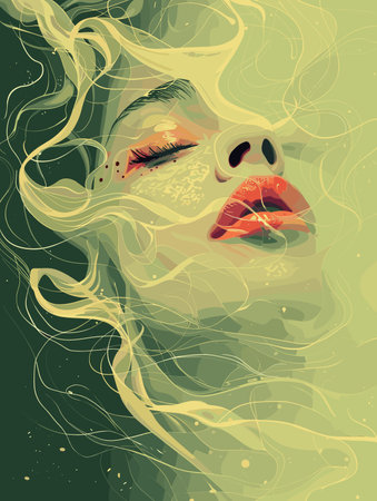 Illustration of a beautiful girl with flowing hair and red lips.のイラスト素材
