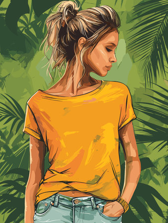 Beautiful young woman in yellow t-shirt, vector illustration.のイラスト素材
