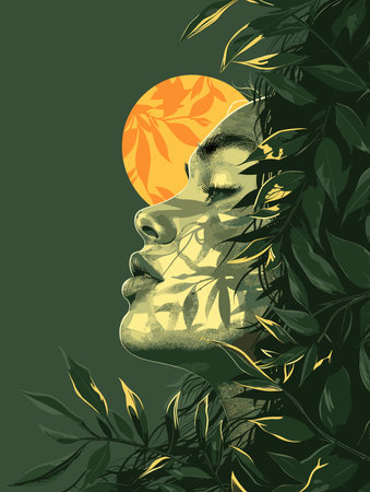 Beautiful woman face with tropical leaves and sun. Vector illustration.のイラスト素材