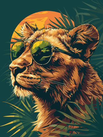 Vector illustration of a lioness in sunglasses and palm leaves on a dark backgroundのイラスト素材