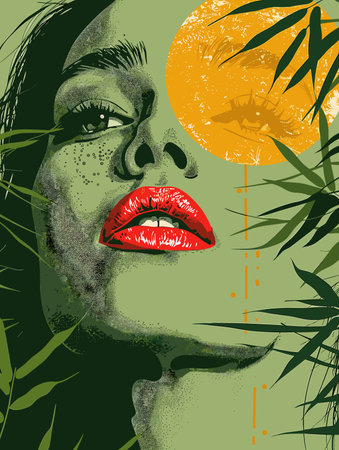 Vector illustration of a beautiful woman with a red lips and green leaves.のイラスト素材