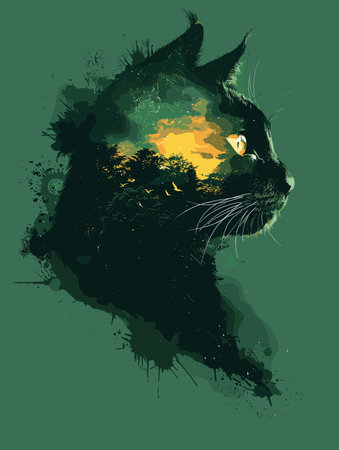 Grunge black cat on a green background. Vector illustration.