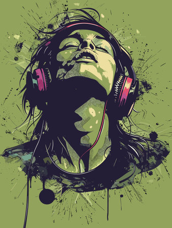 Portrait of young woman listening to music with headphones. Grunge vector illustration.のイラスト素材