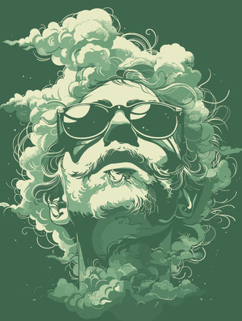 Vector illustration of an old man with a beard and sunglasses in the clouds.のイラスト素材