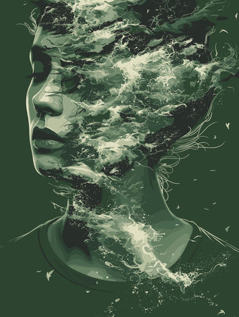 illustration of a woman's face with water splashes in her hairのイラスト素材