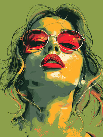 Vector illustration of a female face in sunglasses. Grunge style.のイラスト素材