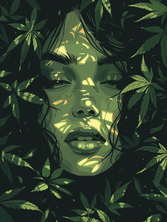 Beautiful young woman with cannabis leaves on dark background. Vector illustration.のイラスト素材