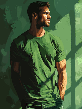 Portrait of a handsome young man in green t-shirt.のイラスト素材