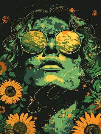 Grunge girl face with sunflowers. Vector illustration.のイラスト素材