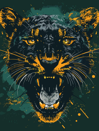 Panther head with grunge background. Hand drawn vector illustration.のイラスト素材