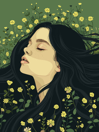 Beautiful girl with long black hair and flowers. Vector illustration.のイラスト素材