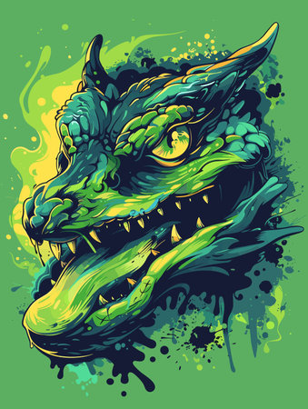 Vector illustration of a green dragon head with grunge splashes.のイラスト素材