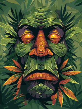 Hawaiian tiki mask in the jungle. Vector illustration.のイラスト素材