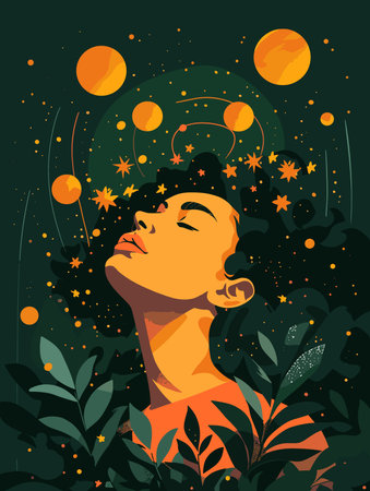Vector illustration of a beautiful woman in the night sky with stars.のイラスト素材