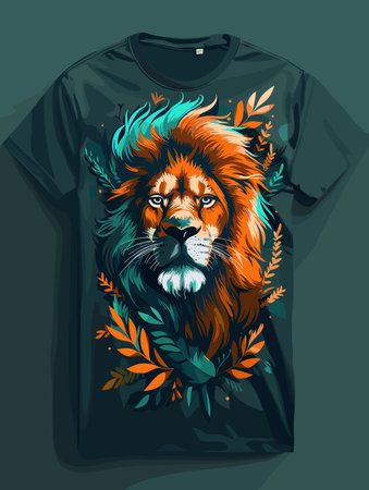 T-shirt print design with lion and flowers. Vector illustration.のイラスト素材