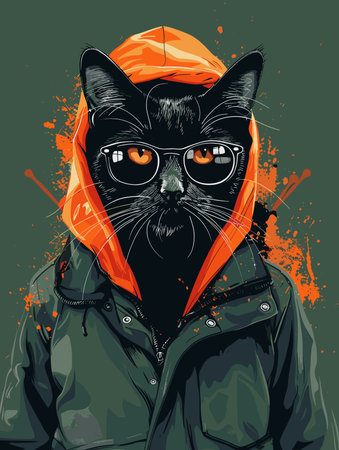 Hipster black cat with orange bandana on his head. Vector illustration.のイラスト素材