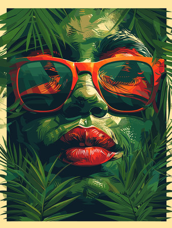 Vector illustration of a woman in sunglasses on the background of palm leaves.のイラスト素材