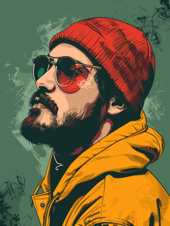 Hipster man in yellow jacket and red hat. Vector illustration.のイラスト素材