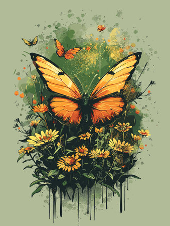 Butterflies and flowers on grunge background. Vector illustration.のイラスト素材