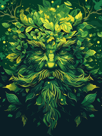 Vector illustration of the face of a lion with green leaves and flowersのイラスト素材