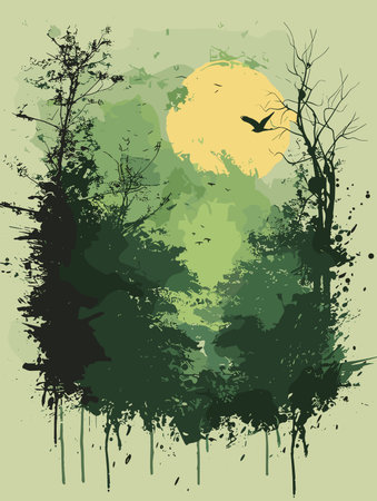 Abstract grunge background with trees, birds and moon. Vector illustration.のイラスト素材