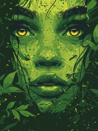 Zombie face with green leaves on dark background. Vector illustration.のイラスト素材