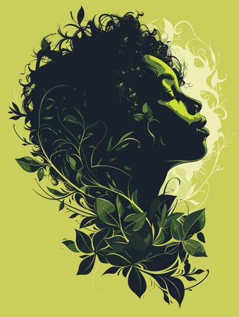 Illustration of a female face with floral ornament on a green backgroundのイラスト素材