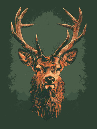 Wild deer with big antlers. Hand drawn illustration for t-shirt.のイラスト素材