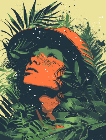 Vector illustration of a beautiful woman in a hat among tropical leaves.のイラスト素材