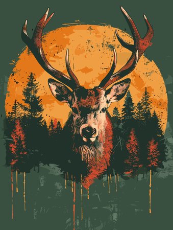 Deer with antlers in the forest. Vector illustration. Vintage style.のイラスト素材
