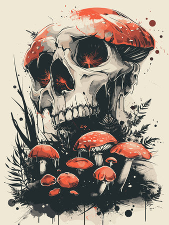 Hand drawn sketch of human skull with red mushrooms. Vector illustration.のイラスト素材