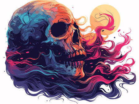 Skull with colorful paint splashes and sun. Vector illustration.のイラスト素材