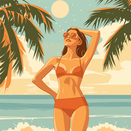 Beautiful young woman in a bikini on the beach. Vector illustrationのイラスト素材