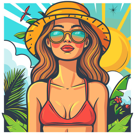 Beautiful girl in a hat and sunglasses on the beach. Vector illustrationのイラスト素材