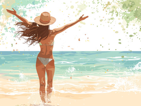 Beautiful young woman in a hat on the beach. Vector illustration.のイラスト素材
