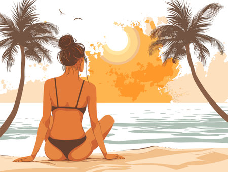 Beautiful woman in bikini on the beach at sunset. Vector illustrationのイラスト素材