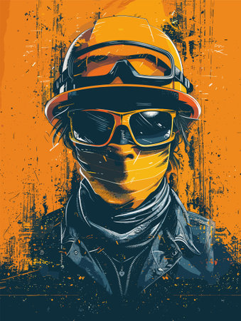 Vector illustration of a man in a helmet and glasses on a grunge background.のイラスト素材