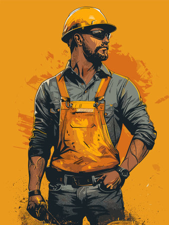 African American worker in helmet and overalls. Vector illustration.のイラスト素材