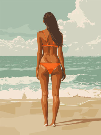 Beautiful woman in bikini on the beach. Vector illustration of a girl on the beach.のイラスト素材