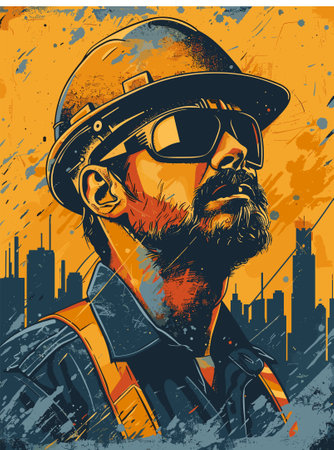 Worker with helmet and goggles. Vector illustration in grunge style.