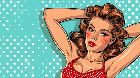 Beautiful young woman with red lips in retro style. Vector illustration.のイラスト素材
