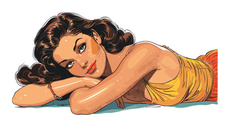 Beautiful woman lying on the floor and dreaming. Vector illustration.のイラスト素材