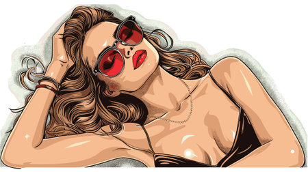 Beautiful girl in sunglasses lying on the sand. Vector illustration.のイラスト素材
