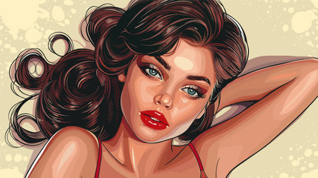 Beautiful sexy woman with long curly hair. Vector illustration in retro style.のイラスト素材