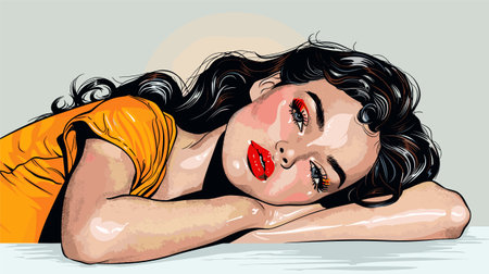 Beautiful woman lying on the floor. Pop art vector illustration.のイラスト素材