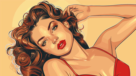 Beautiful girl in red swimsuit. Vector illustration in retro style.のイラスト素材