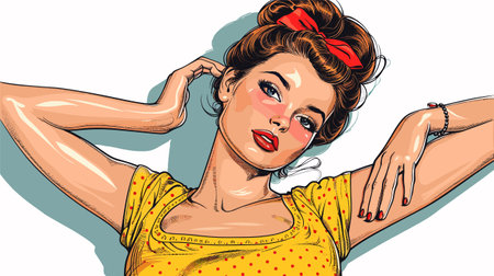 Retro pin-up girl in yellow dress. Vector illustration.のイラスト素材
